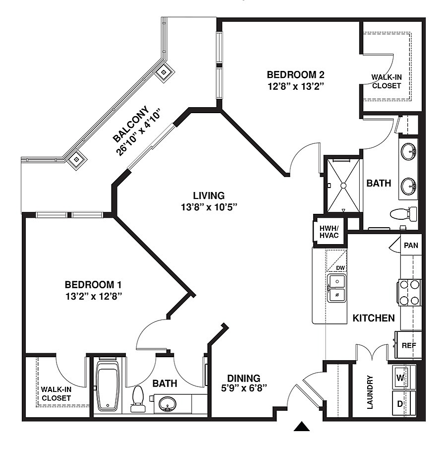 Modern floor plan featuring 2 bedrooms with walk-in closets, spacious living area, open kitchen with dining space, 2 bathrooms, and an inviting balcony.