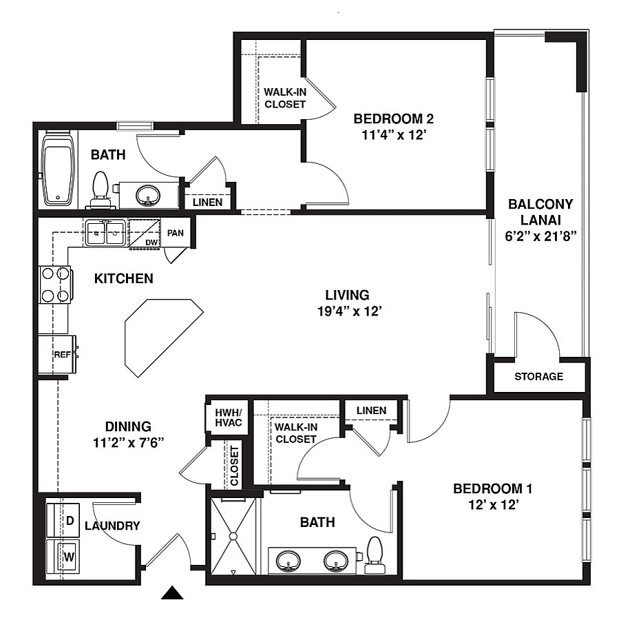 Spacious 2D floor plan featuring 2 bedrooms, a large living area, modern kitchen, and an expansive balcony lanai.