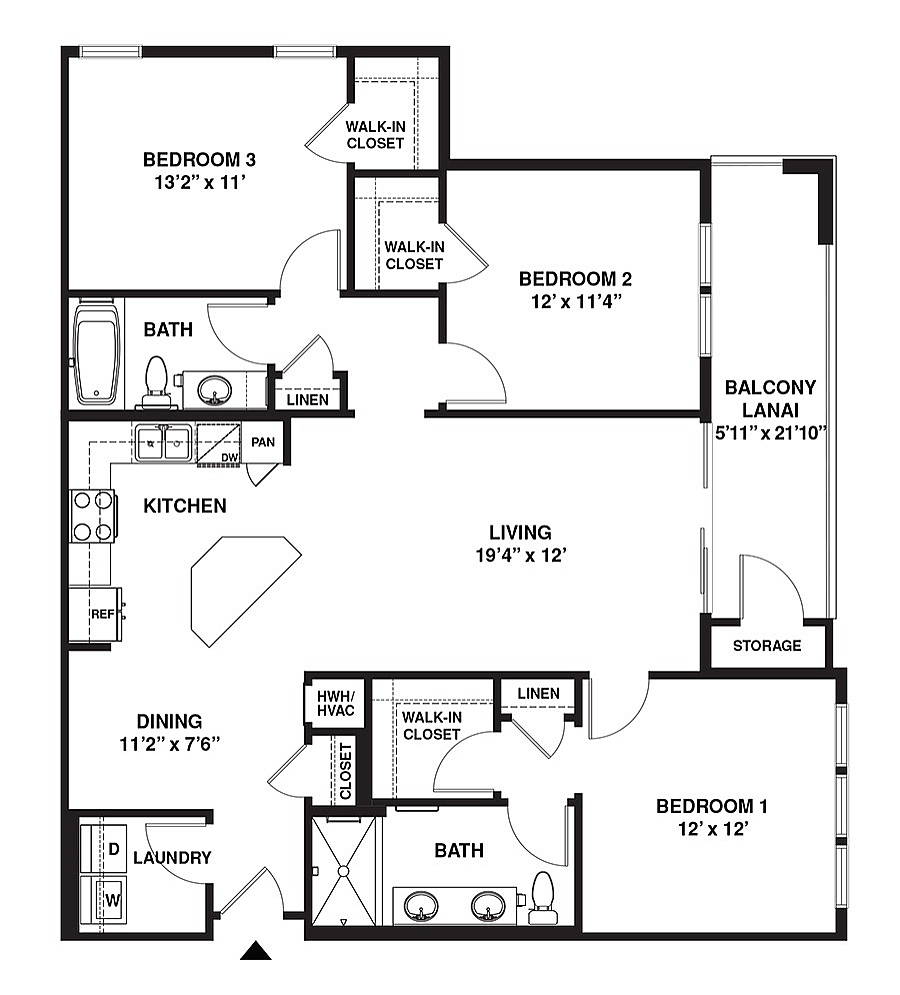 Spacious floor plan featuring 3 bedrooms, 2 baths, an open living room, and a modern kitchen with a dining area. Includes a balcony lanai and laundry room for added convenience.