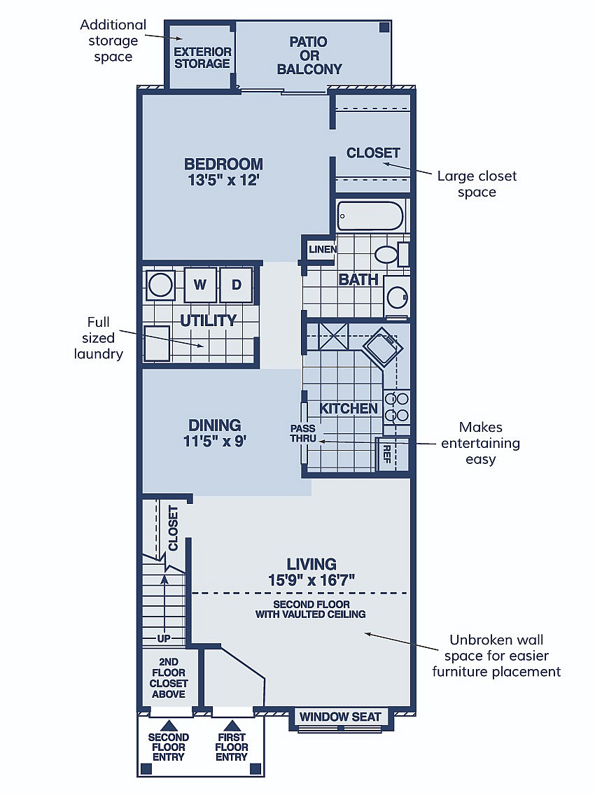 Modern 2D floor plan featuring a spacious bedroom, open living area with vaulted ceiling, and a kitchen perfect for entertaining.