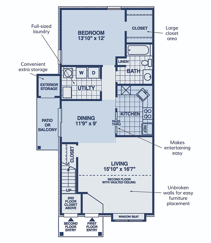 Elegant floor plan featuring a spacious bedroom with large closet, open living room with vaulted ceiling, and modern kitchen with convenient pass-thru. Includes dining area, full-sized laundry, exterior storage, and cozy patio or balcony.