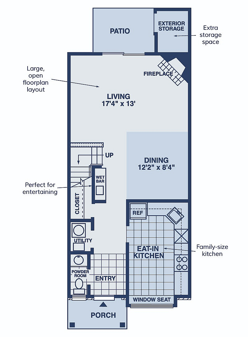 Inviting floor plan showcasing a spacious living area with fireplace, eat-in kitchen, and a patio with extra storage. Ideal for entertaining.
