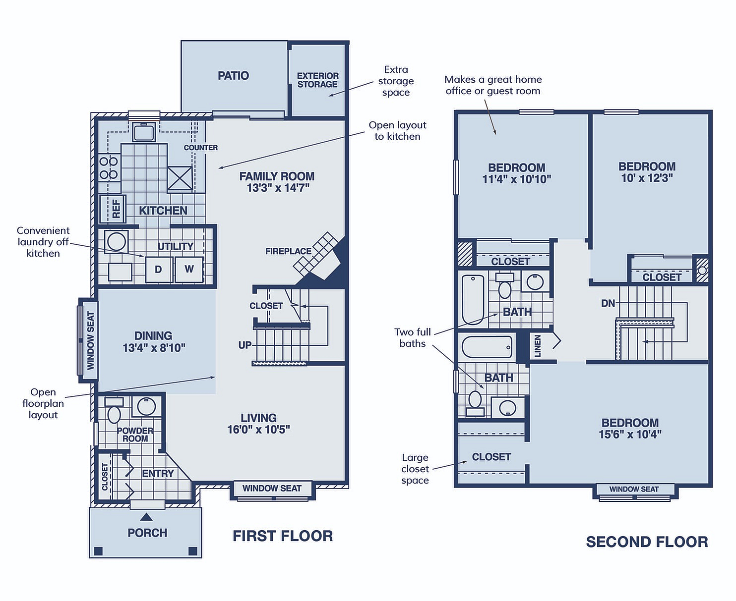 Contemporary 2-story floor plan featuring a spacious family room with fireplace, open kitchen layout, 3 bedrooms, utility area, and a charming patio.