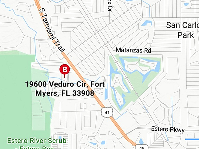 Prime location map showcasing the accessibility of 19600 Veduro Cir, Fort Myers, FL 33908, conveniently located near S Tamiami Trail and Estero attractions.