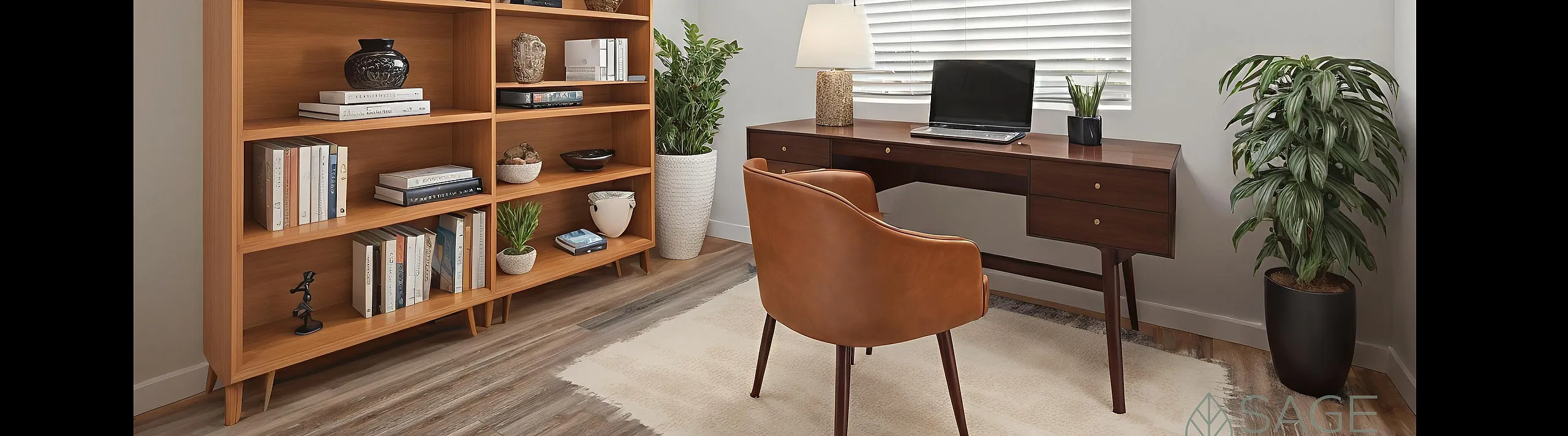 Elegant home office with stylish wooden desk, cozy leather chair, and modern bookshelf accented by lush green plants and soft natural lighting.