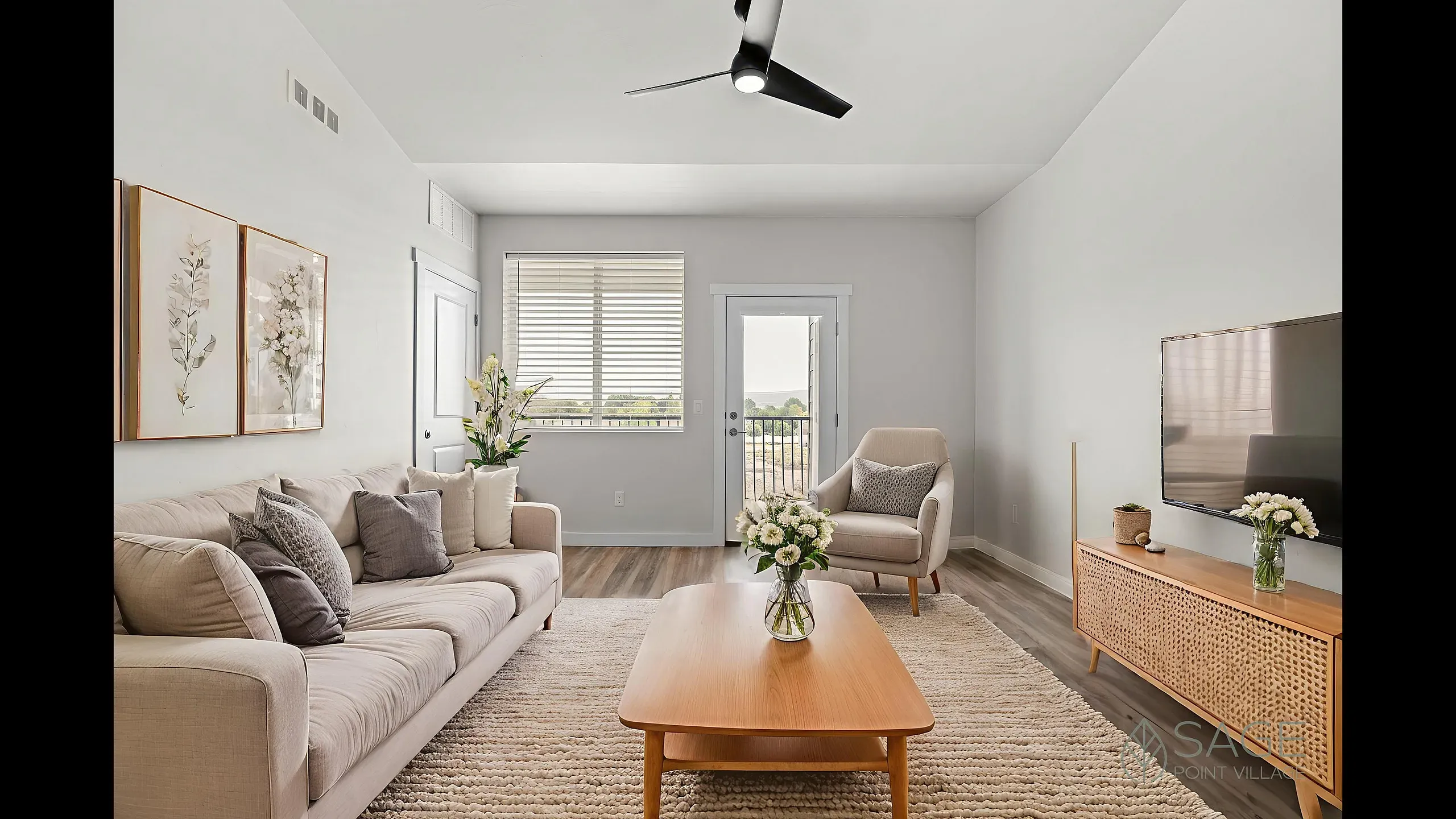 Bright and elegant living room with modern decor, featuring a cozy beige sofa, stylish armchair, large flat-screen TV, and refreshing greenery by the window.