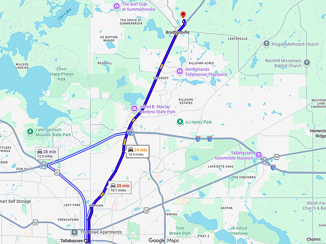 Dynamic map showcasing three efficient routes between Tallahassee and Bradfordville highlighting travel times and distances.