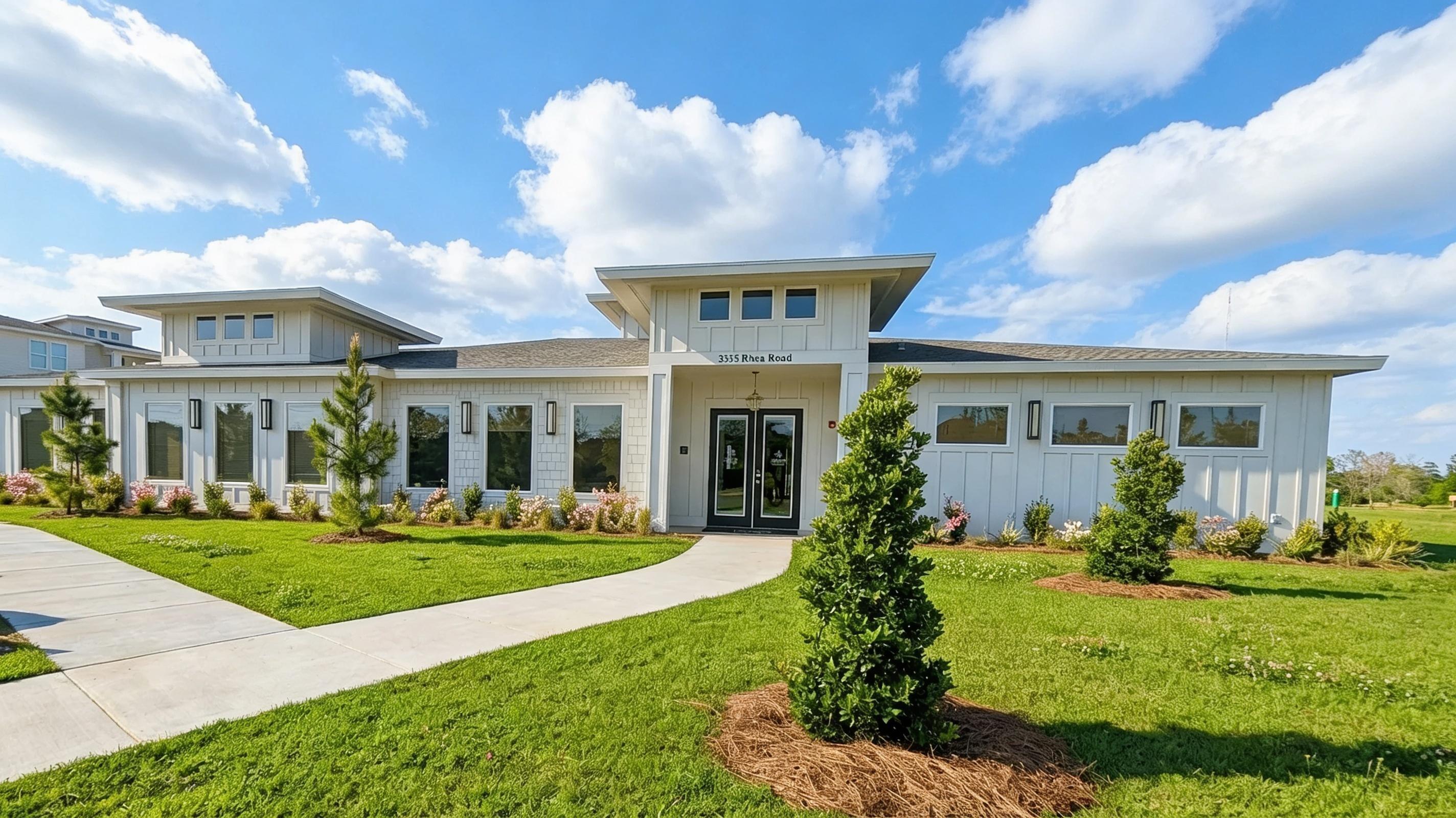 Modern, elegant white building with lush landscaping and a clear blue sky backdrop, offering an inviting entrance and serene surroundings.