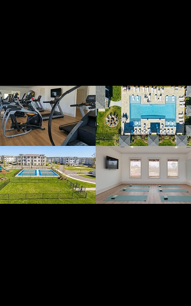 Luxurious apartment amenities include a modern gym with top-tier equipment, stunning aerial view of a resort-style pool with cabanas, expansive tennis courts and playground, and a serene yoga room with natural light.