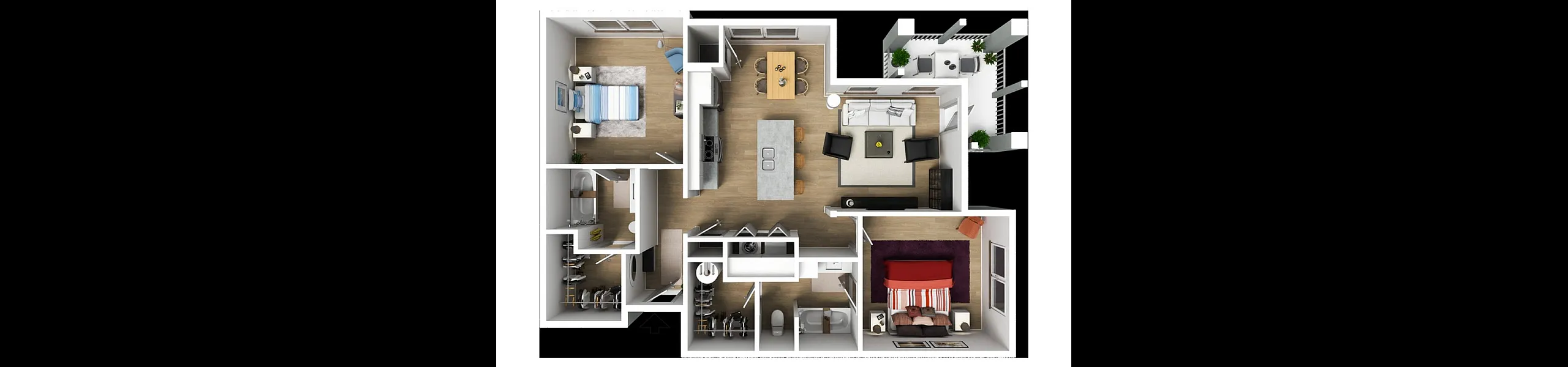 Modern 3D floor plan showcasing two luxurious bedrooms, an open-concept living and dining area, and a private balcony with garden view.