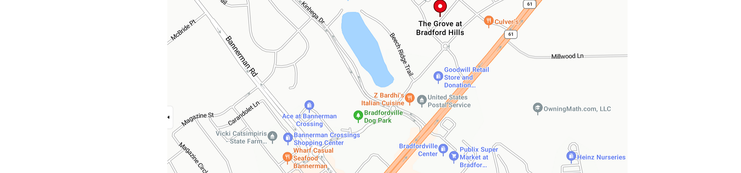 Map highlighting The Grove at Bradford Hills, surrounded by amenities like restaurants, shopping centers, and a dog park.