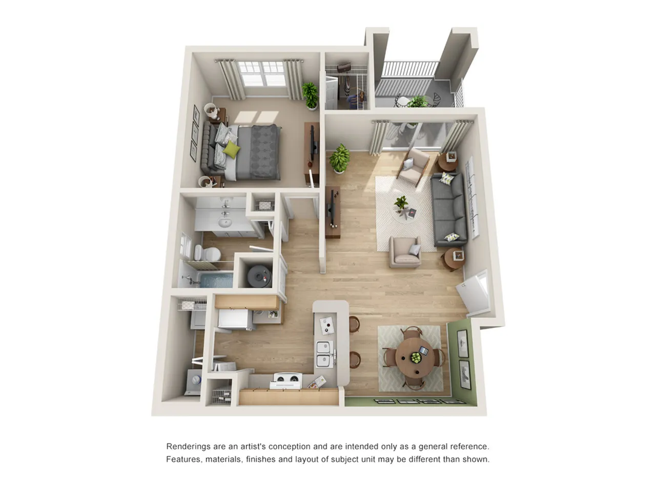Modern 3D floor plan featuring a cozy bedroom, stylish open-concept living and dining area, a sleek kitchen, and a private balcony.