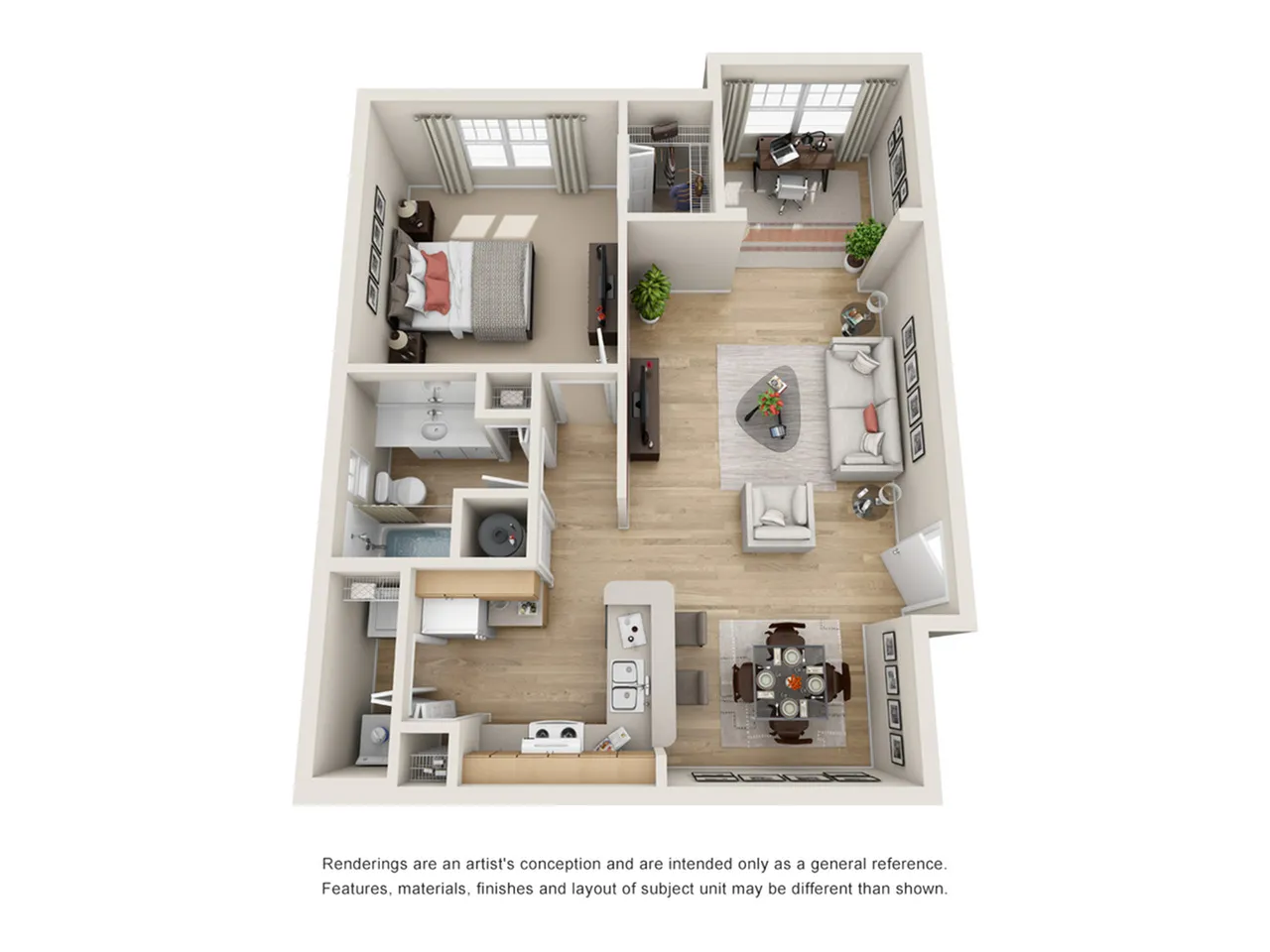 Modern 3D floor plan showcasing a cozy 1-bedroom apartment with an inviting living room and dining area, well-equipped kitchen, and stylish bathroom.