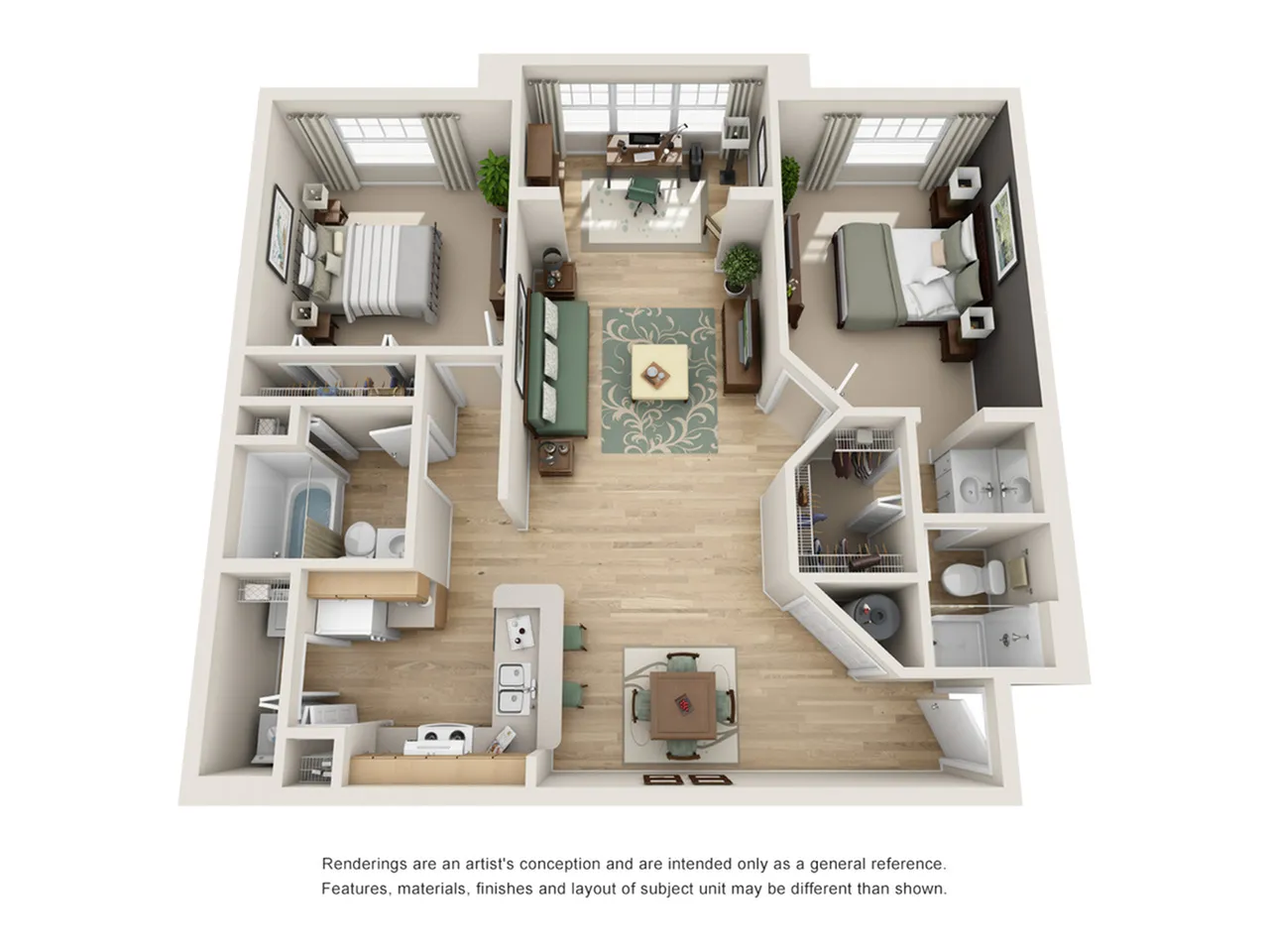 Inviting 3D floor plan showcasing a modern 2-bedroom, 2-bathroom layout with an open living area and stylish kitchen.