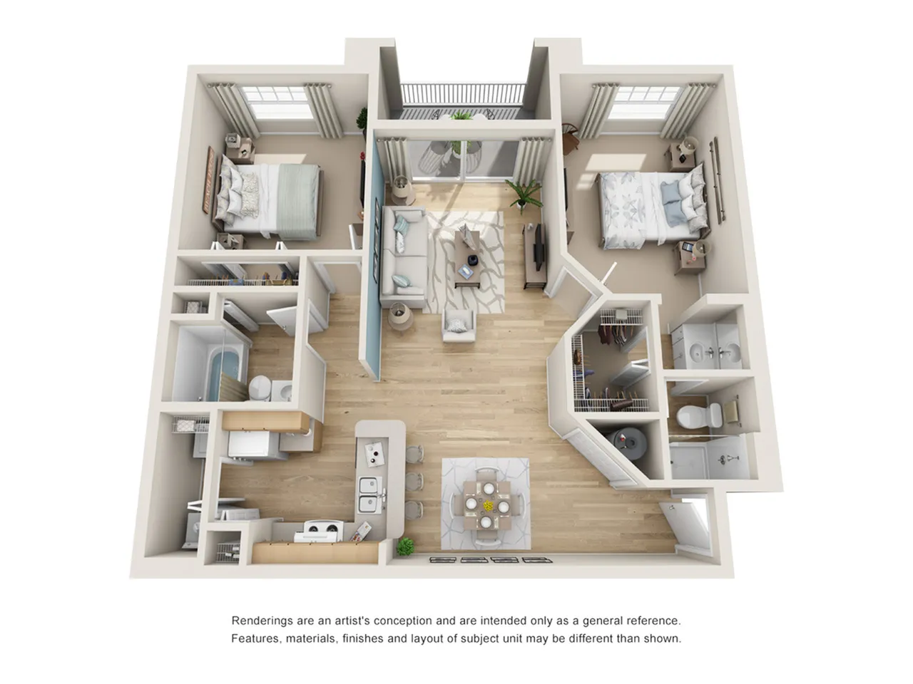 Contemporary floor plan with 2 cozy bedrooms, 2 modern bathrooms, an open-concept living and dining area, and a sleek kitchen.