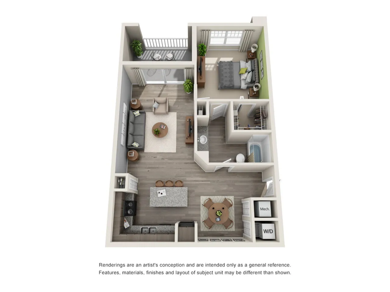 Modern and inviting 3D floor plan with a spacious 1-bedroom, stylish living room, contemporary kitchen, and cozy balcony.