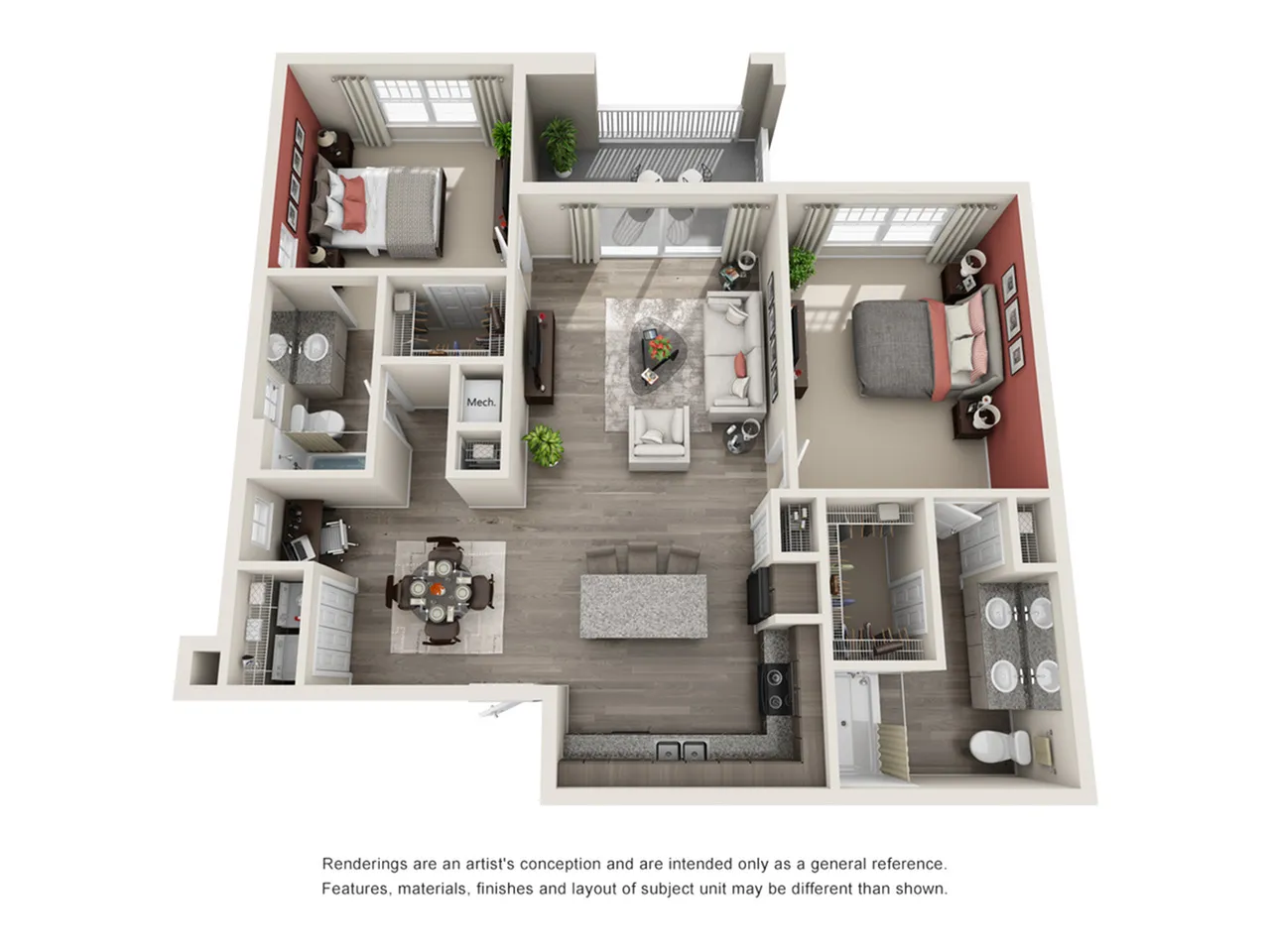 Inviting 3D floor plan featuring two spacious bedrooms, an open-concept living and dining area, modern kitchen, two stylish bathrooms, and a cozy balcony.