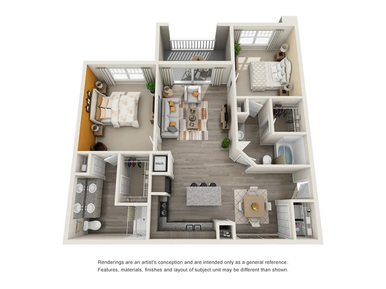 Modern 3D floor plan showcasing 2 spacious bedrooms, an airy open-concept living area, stylish kitchen with island, and double-vanity bathroom.