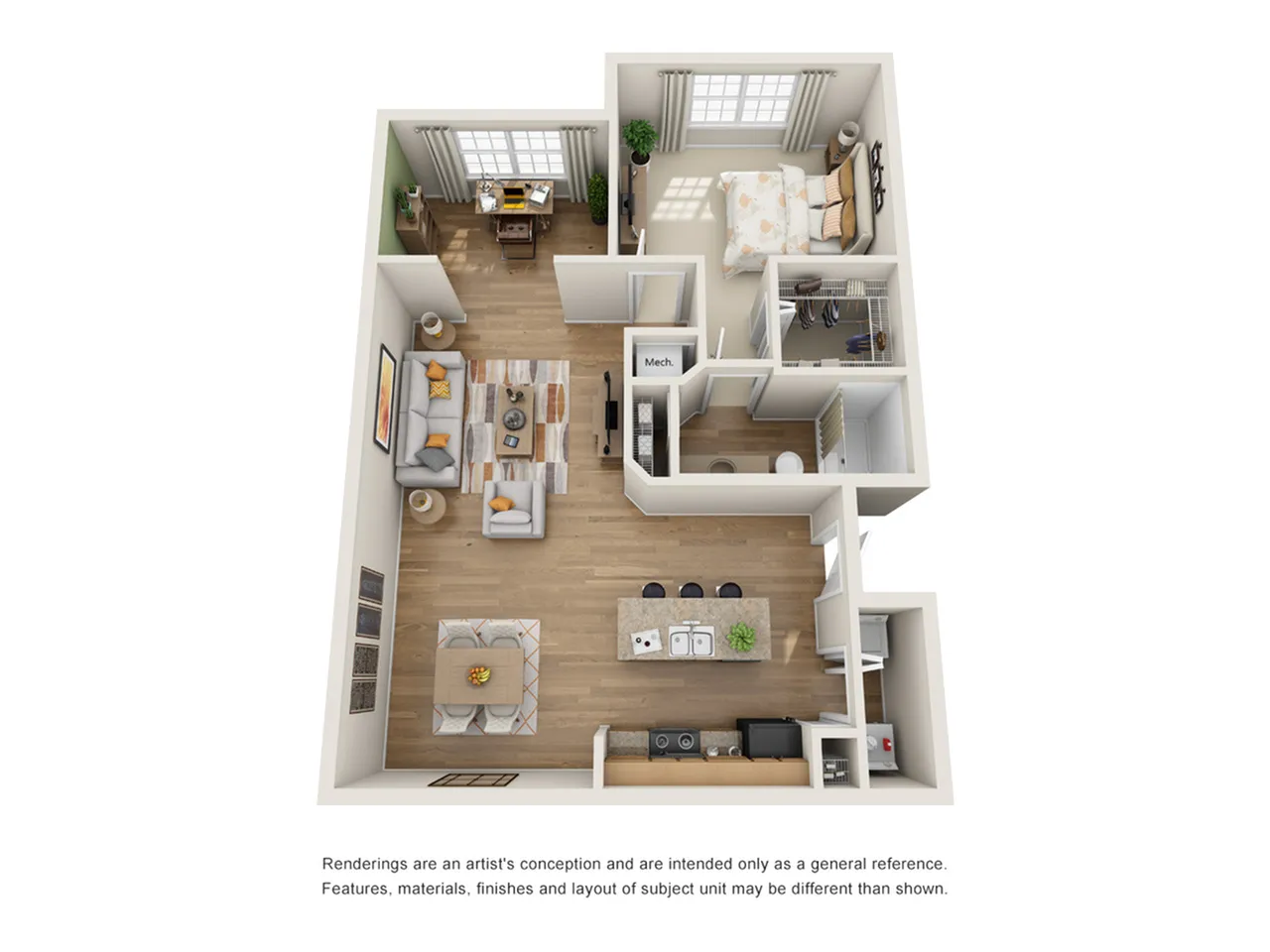 Modern 3D apartment floor plan featuring a cozy bedroom, inviting living area, sleek kitchen with island, and stylish bathroom.