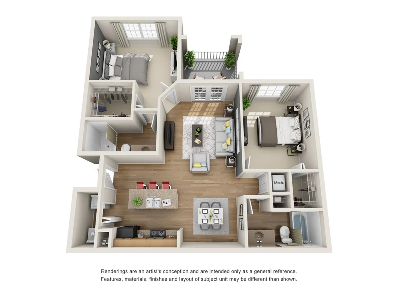 Modern 3D floor plan showcasing 2 bedrooms, open living area, stylish kitchen, and inviting balcony.