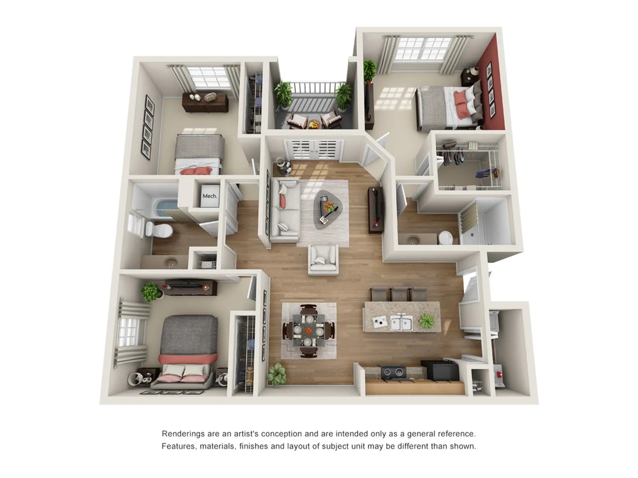 Charming 3D floor plan depicting a modern apartment with three spacious bedrooms, an inviting open-concept living room, and a chic kitchen with a breakfast bar.