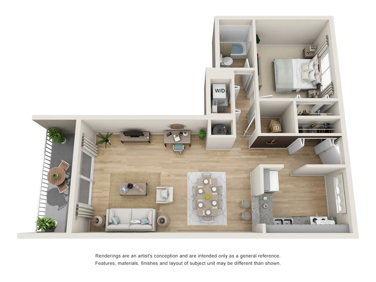 Modern 3D floor plan showcasing a cozy 1-bedroom apartment with spacious living area, elegant kitchen, and inviting balcony.