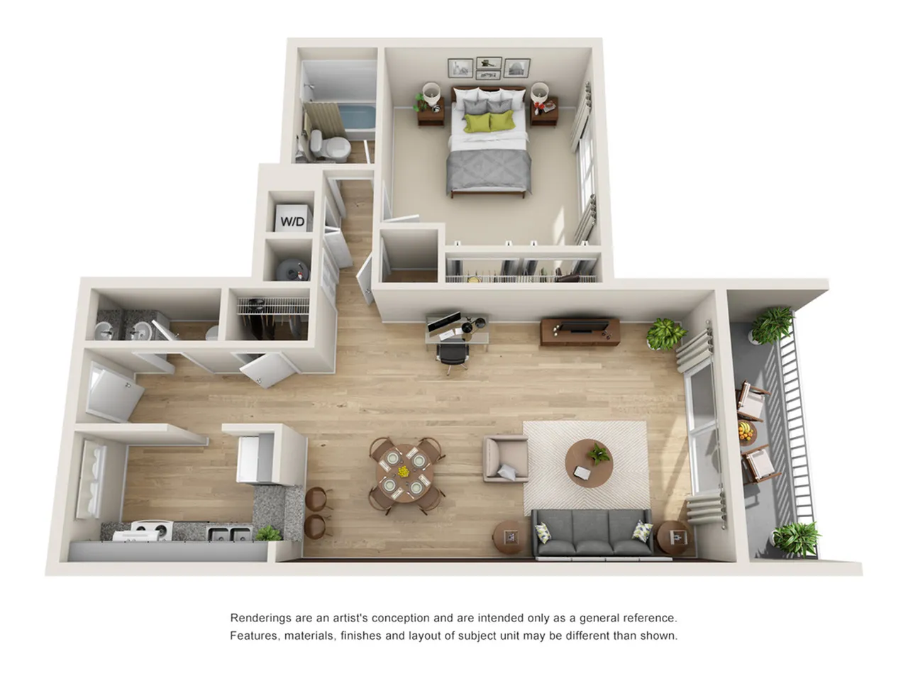 Modern 3D floor plan with a spacious bedroom, cozy living area, elegant kitchen, and inviting balcony.