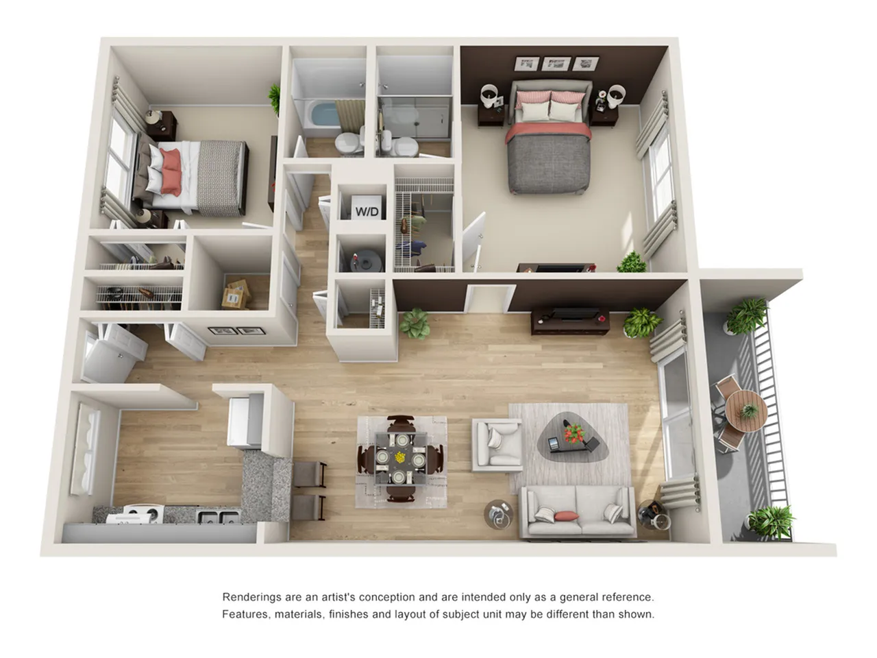 Modern 3D floor plan showcasing 2 well-appointed bedrooms, a luxurious bathroom, open living area, and a stylish kitchen with dining space.