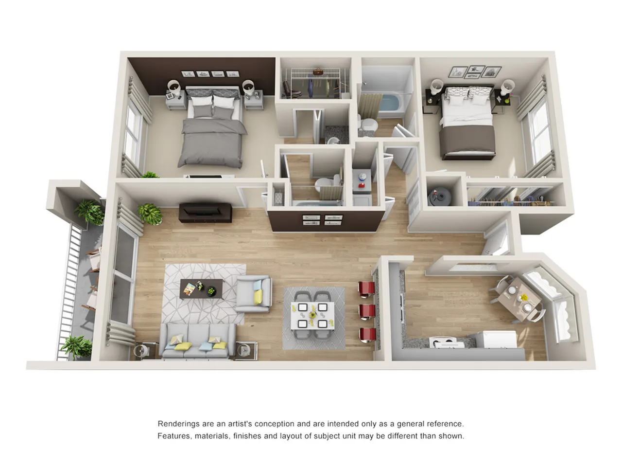 Chic 3D floor plan showcasing a modern apartment with 2 cozy bedrooms, spacious open-plan living and dining area, contemporary kitchen, and private balcony.
