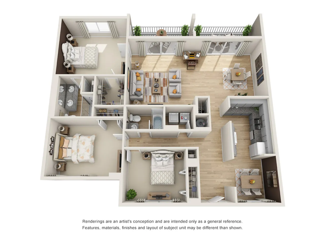 Contemporary 3D floor plan showcasing two cozy bedrooms, open-concept living and dining area, modern kitchen, and private balcony.