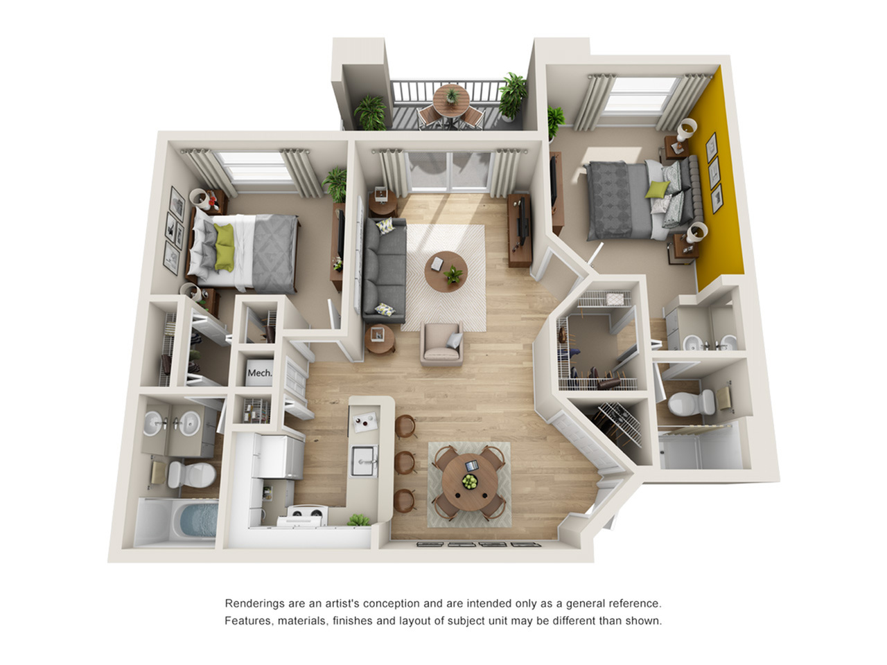 Modern 3D floor plan featuring 2 spacious bedrooms, 2 bathrooms, a stylish open-concept living area, and a gourmet kitchen.