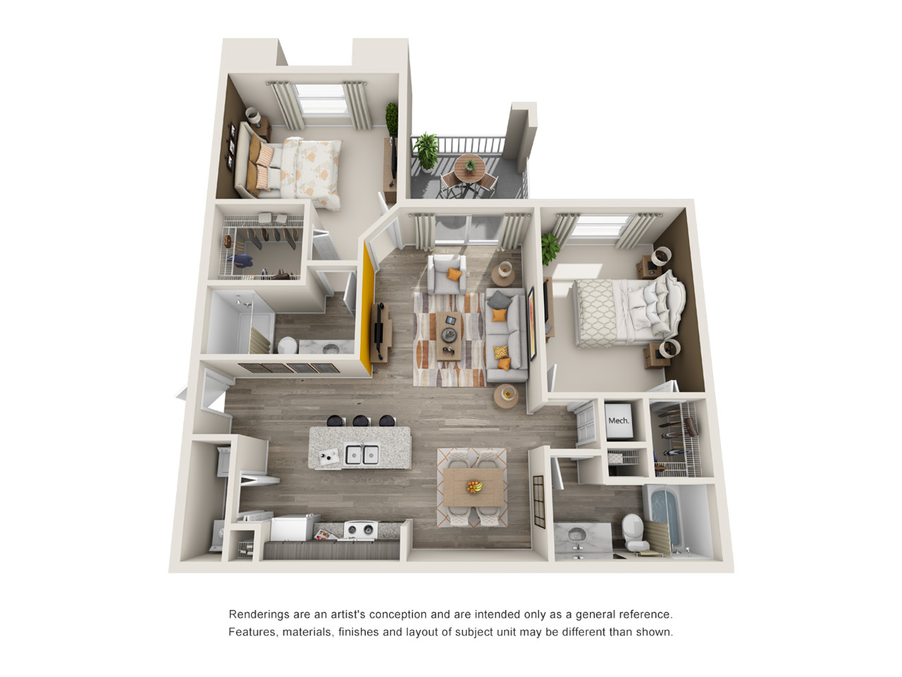 Modern 3D floor plan showcasing two bedrooms, a spacious open-concept living and dining area, a sleek kitchen with bar seating, and a cozy patio.