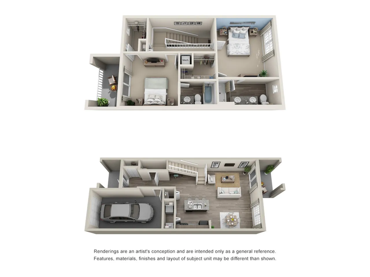Modern split-level floor plan featuring 2 bedrooms, open living area, kitchen, and garage. Bright and spacious design with stylish interiors.