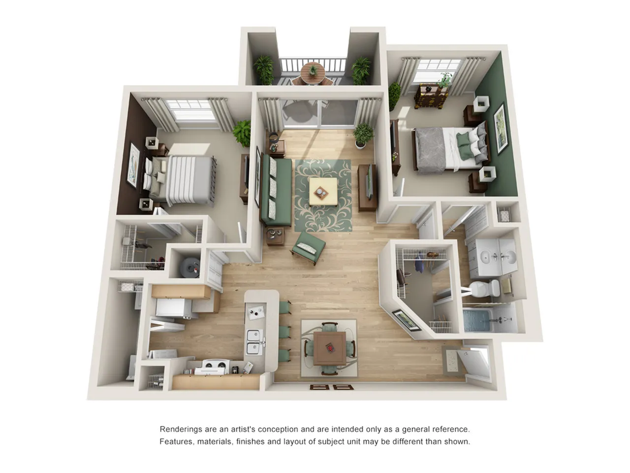 Elegant 3D floor plan showcasing 2 bedrooms, open living space, modern kitchen, and private balcony.
