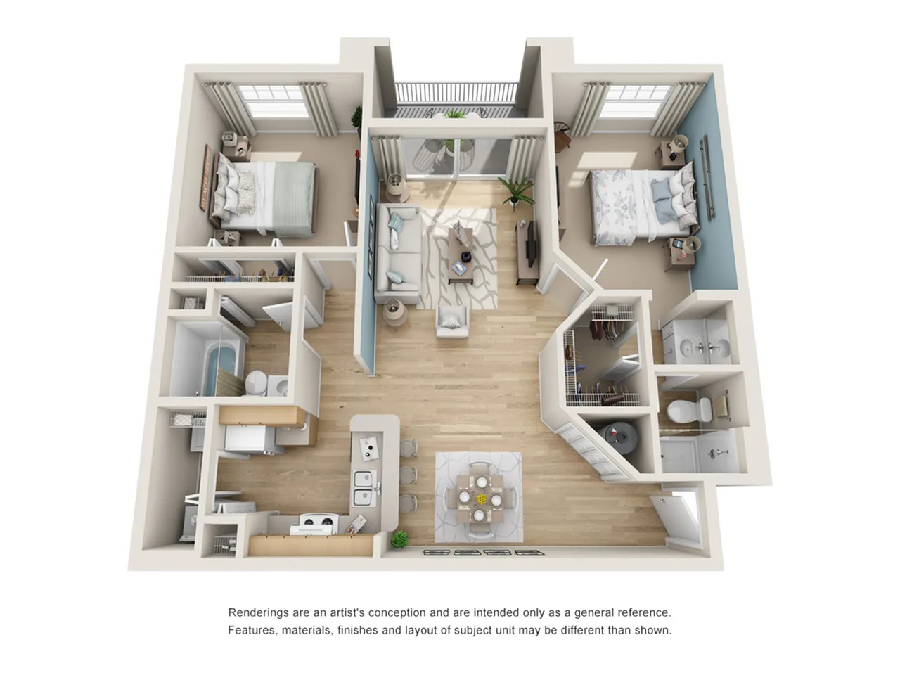 Modern 3D floor plan showcasing a well-designed apartment with two spacious bedrooms, an open living area, a sleek kitchen, and two bathrooms. Features large windows for natural light and a stylish interior layout.