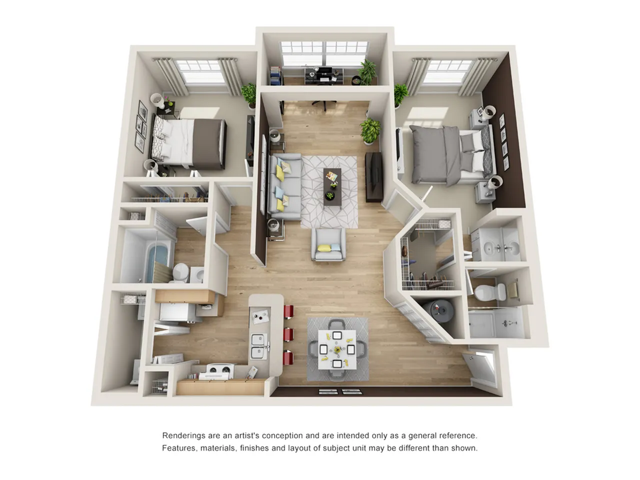 Modern 3D floor plan showcasing 2 bedrooms, a bright living area, and a gourmet kitchen, perfect for stylish living.