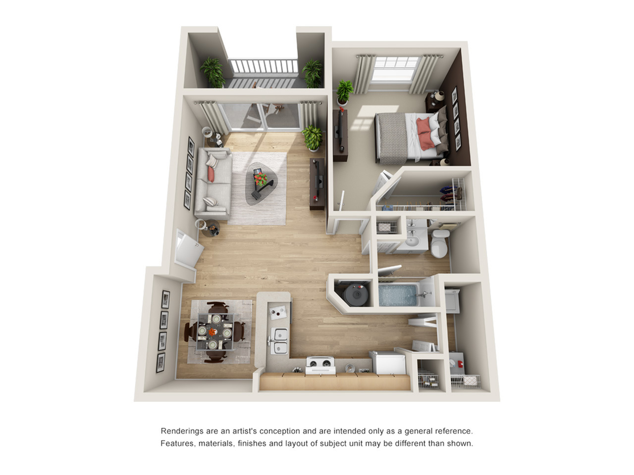 Modern apartment 3D floor plan showcasing a cozy bedroom, open living room with balcony access, well-equipped kitchen, and a full bathroom.
