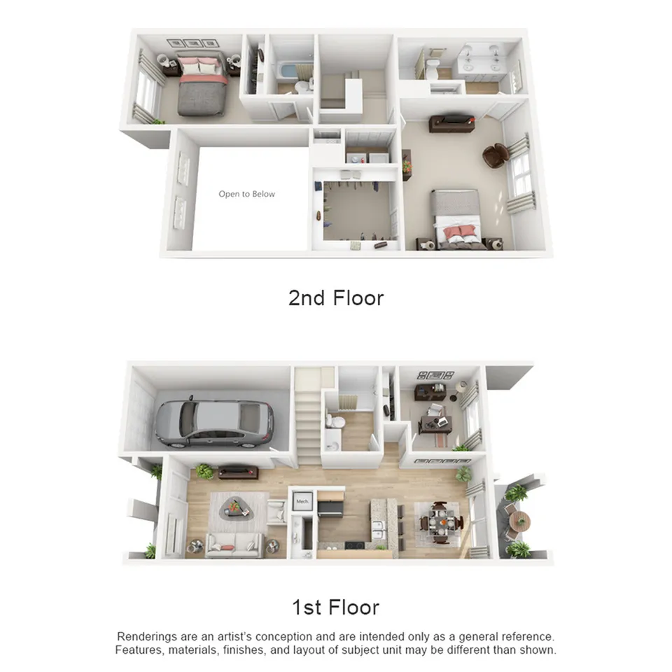 Charming two-story floor plan featuring 3 bedrooms, 2 bathrooms, an open living area, and an attached garage. Perfect blend of comfortable living spaces and modern convenience.