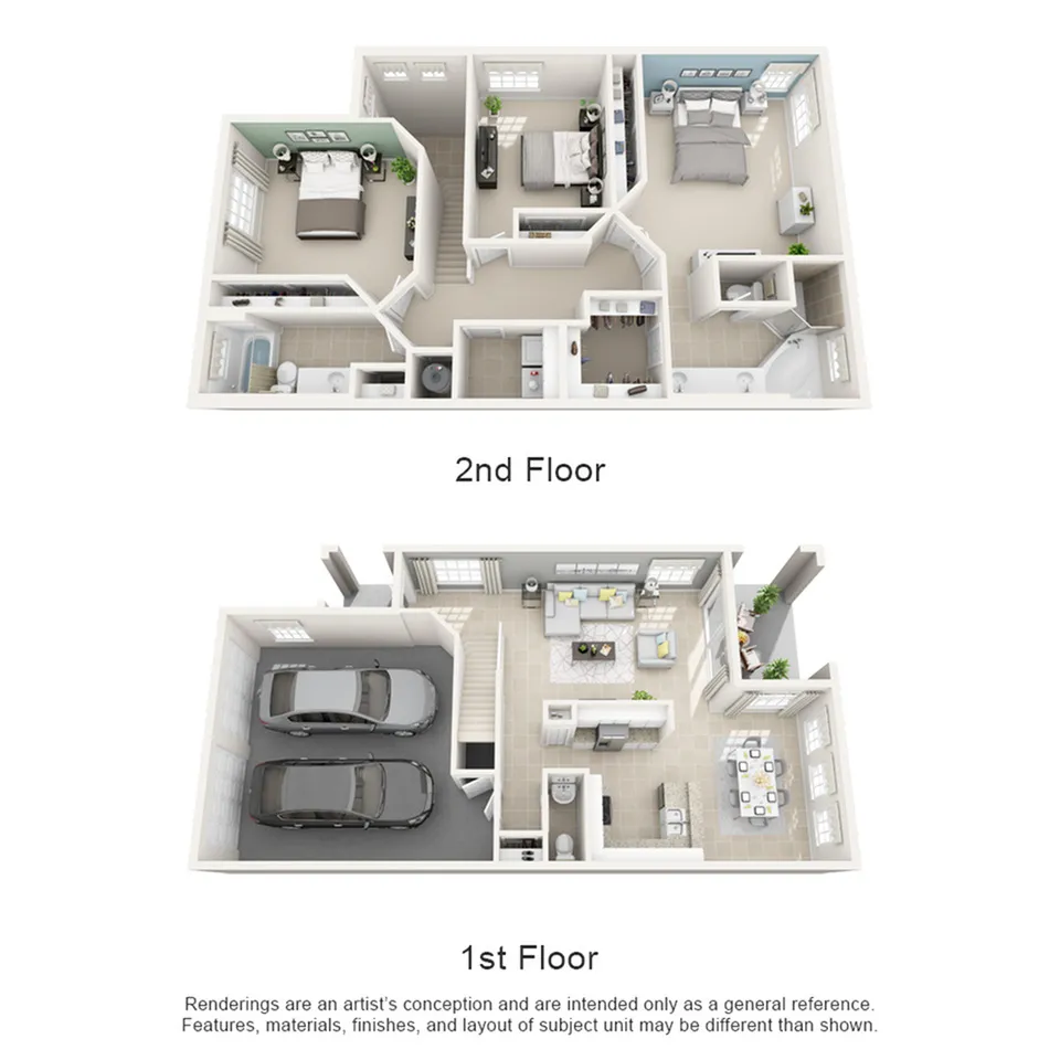 Elegant two-story floor plan showcasing a spacious living area and modern kitchen on the 1st floor, with two-car garage. The 2nd floor features three cozy bedrooms and luxurious bathrooms, perfect for comfortable family living.