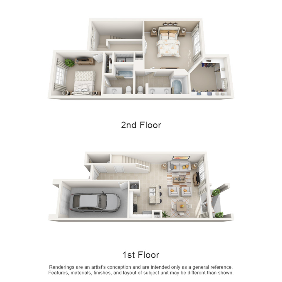 Chic two-story floor plan showcasing a cozy 2-bedroom layout, spacious living area, modern kitchen, and attached garage.