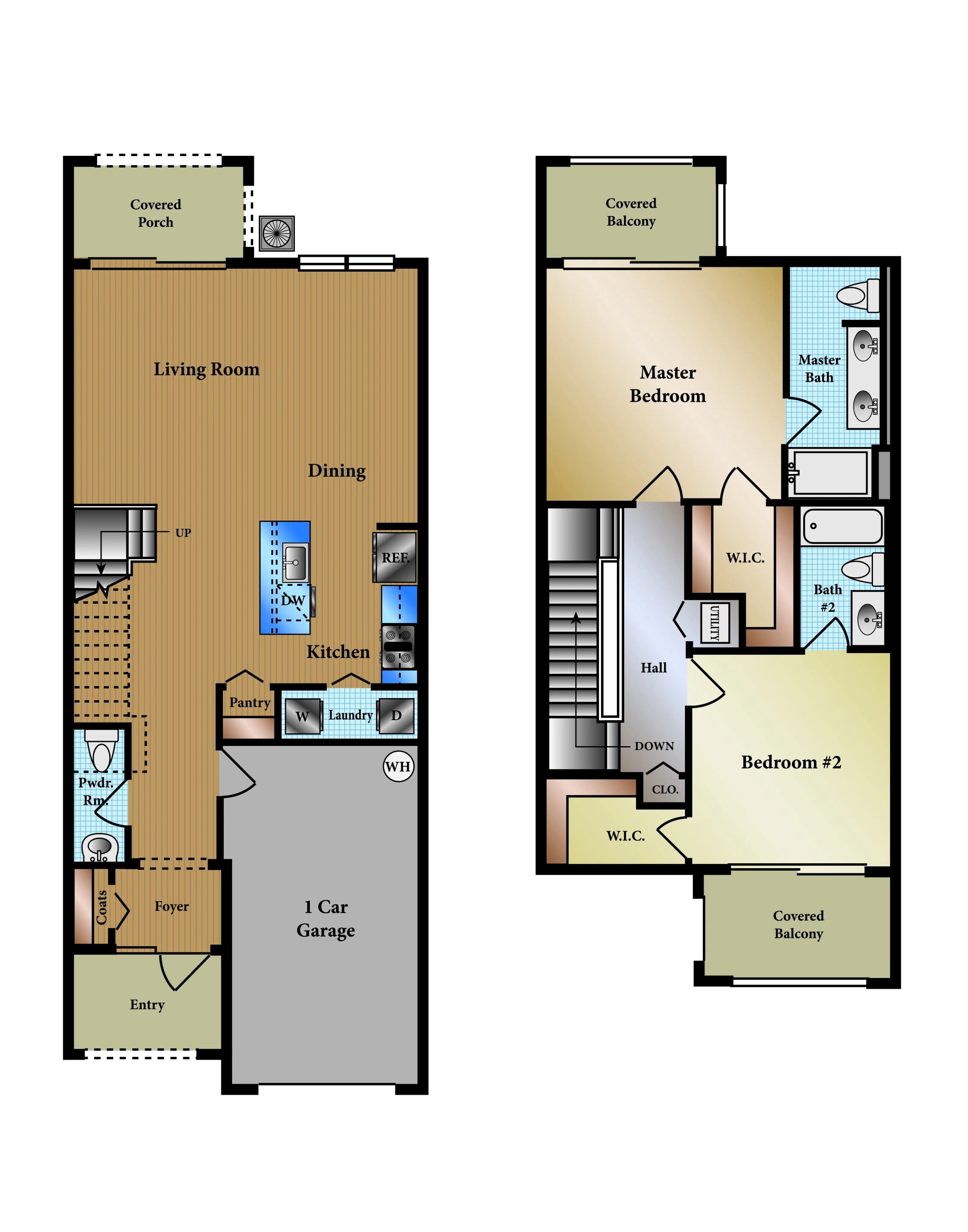 Modern two-level floor plan showcasing a spacious living room, dining area, and kitchen with pantry, alongside two bedrooms with en-suite bathrooms, a covered porch, and garage.