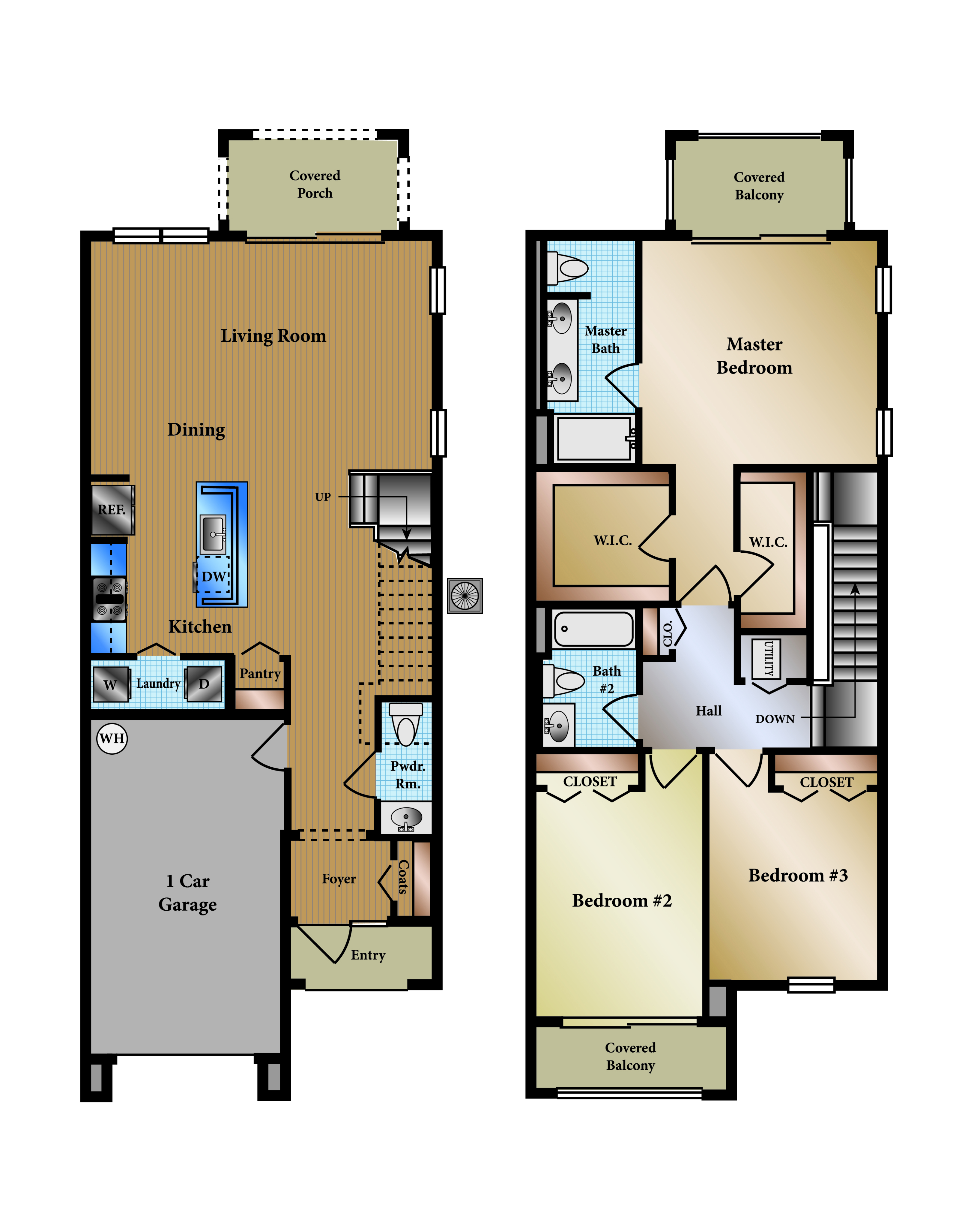 Spacious dual-level floor plan featuring a stylish open-concept living and dining area, modern kitchen, and one-car garage on the first level. The second level offers a luxurious master bedroom with en-suite bath, two additional bedrooms, and a covered balcony for relaxing views.
