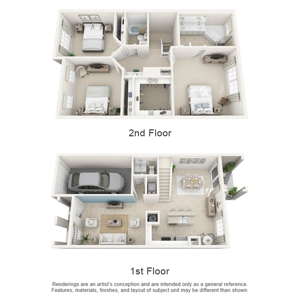 Modern two-story floor plan featuring a spacious open-concept living area, dining room, and kitchen on the first floor, with a cozy two-bedroom layout and luxurious bathroom on the second floor.