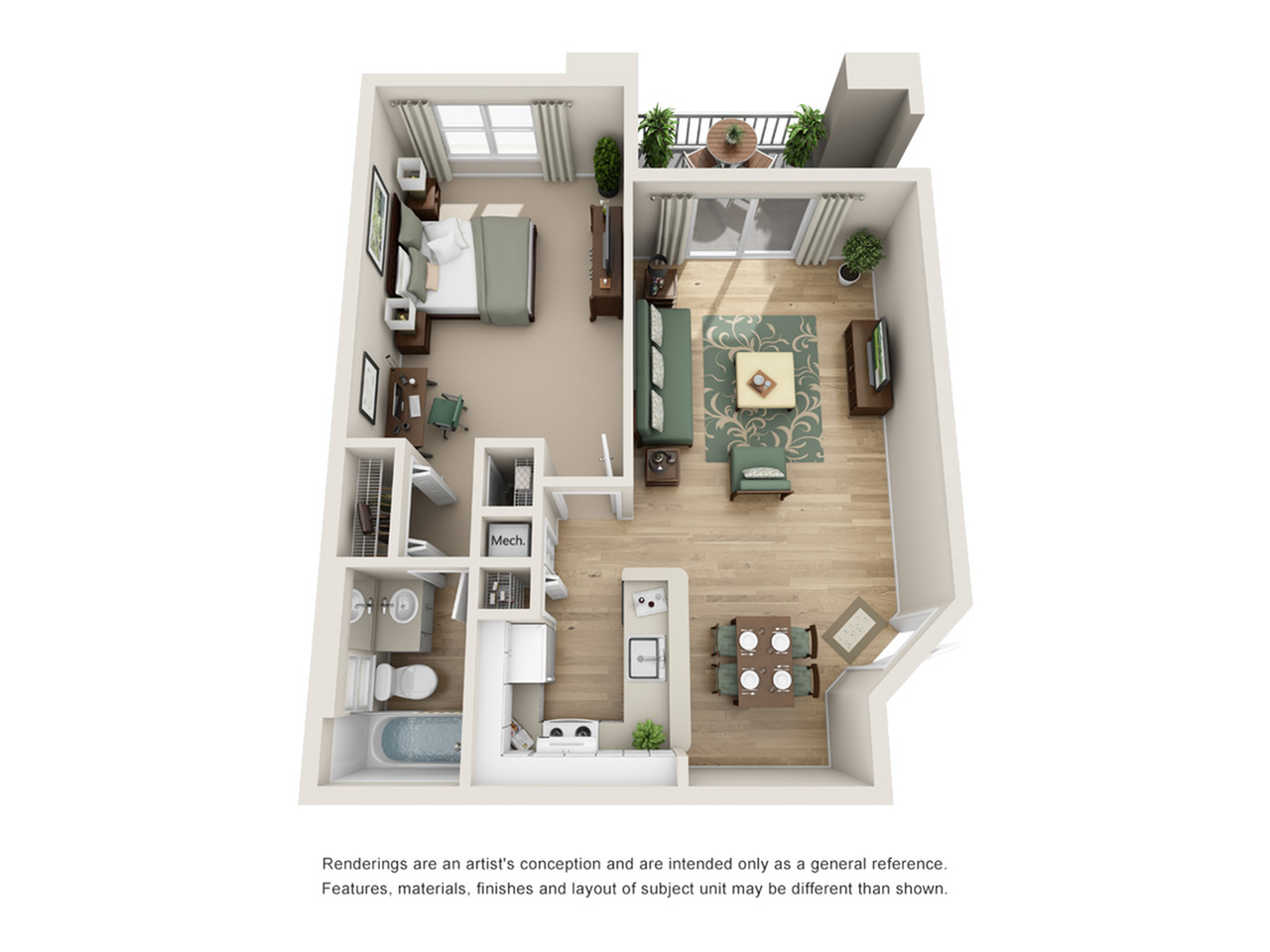 Luxurious 3D floor plan showcasing a spacious bedroom, modern kitchen, and an inviting living area opening to a balcony.