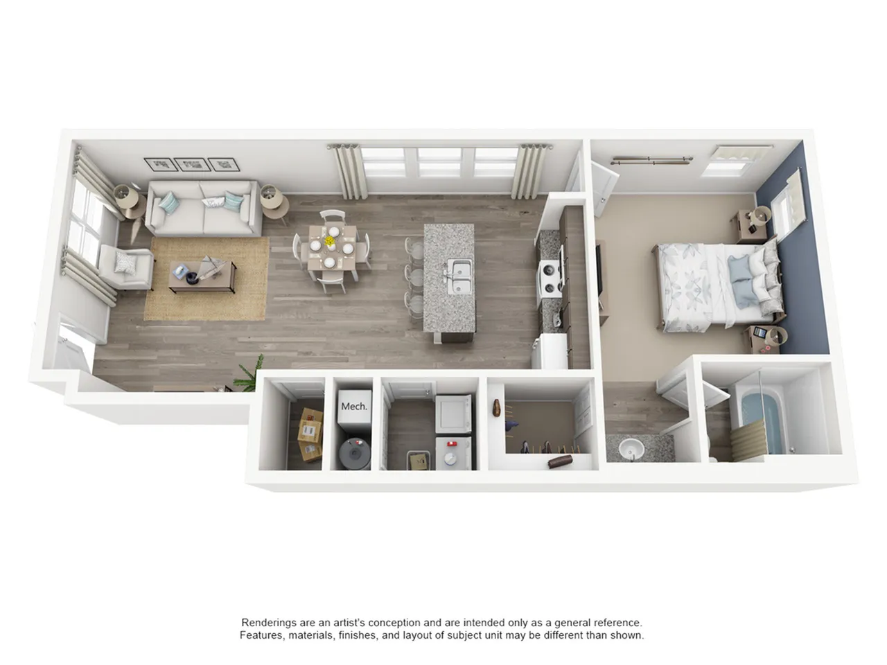 Modern 1-bedroom apartment floor plan with open-concept living and dining area, stylish kitchen island, and bright bathroom space.