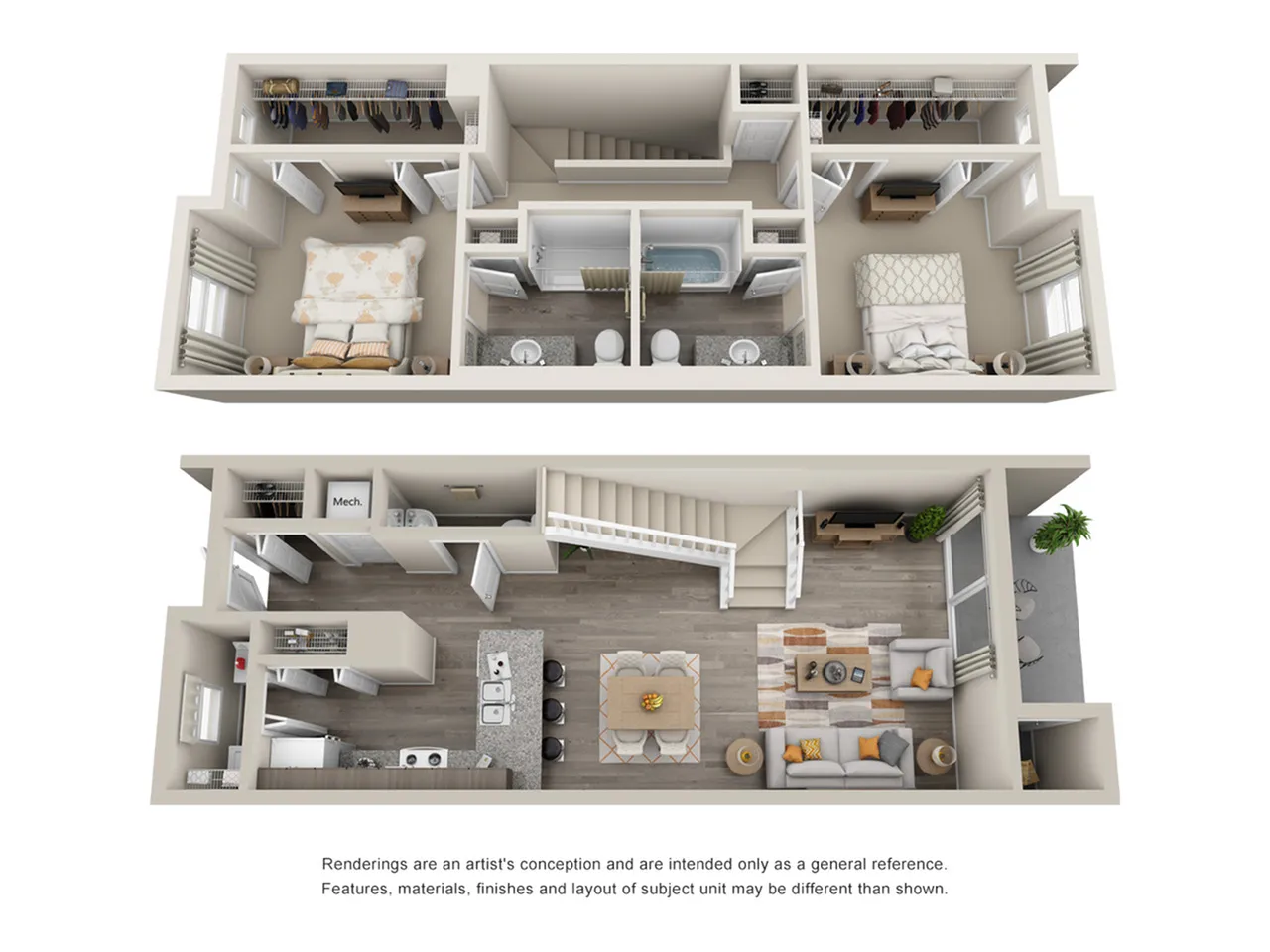 Modern 3D floor plan showcasing 2 bedrooms and 2 bathrooms on the upper level, with an open-concept kitchen, dining area, and living room on the lower level, featuring sleek interiors and cozy spaces.