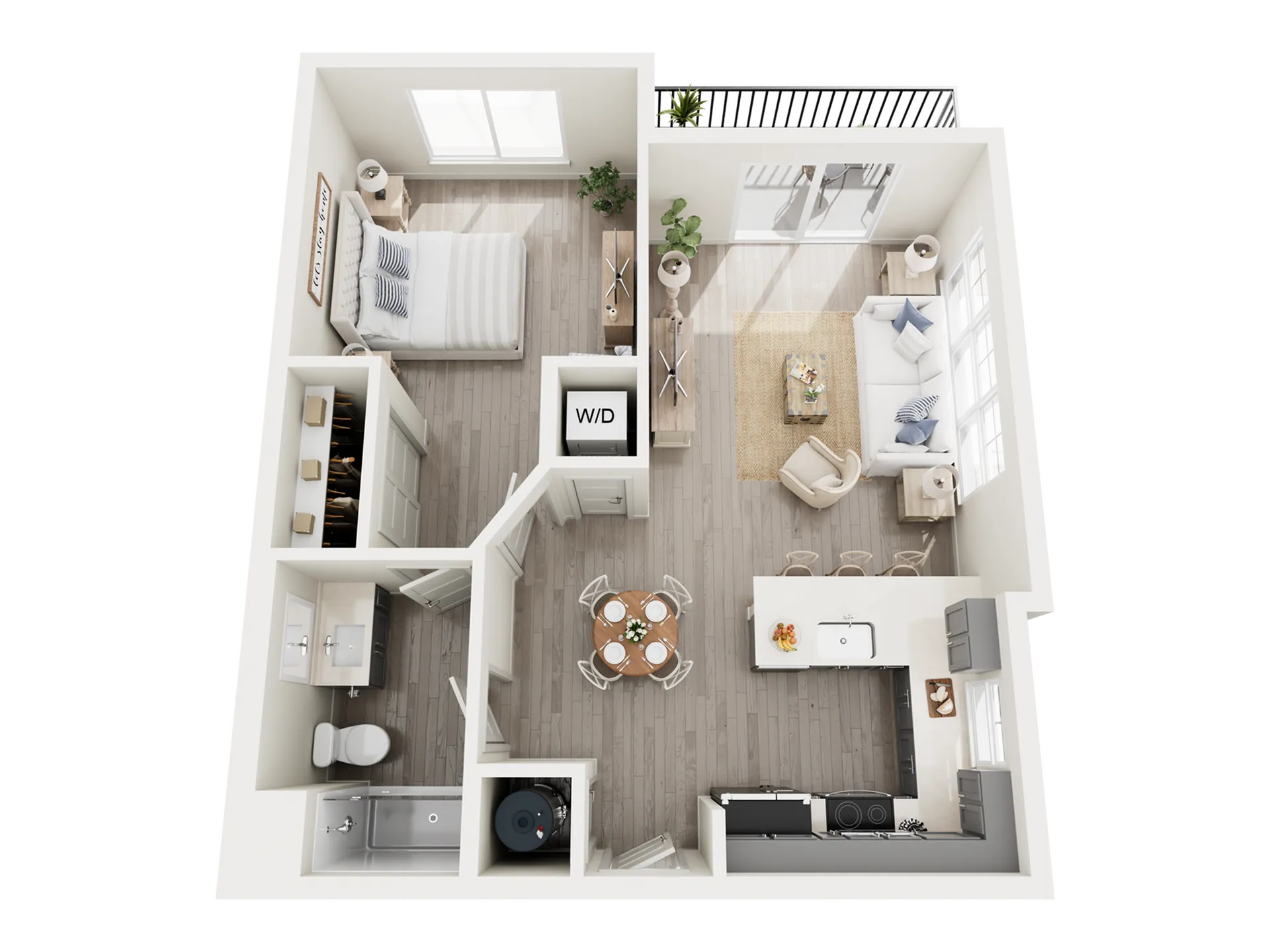 Modern 3D floor plan featuring a spacious bedroom, stylish living room, cozy dining area, and a sleek kitchen with an island. Includes a bathroom and in-unit washer/dryer, ideal for comfortable living.