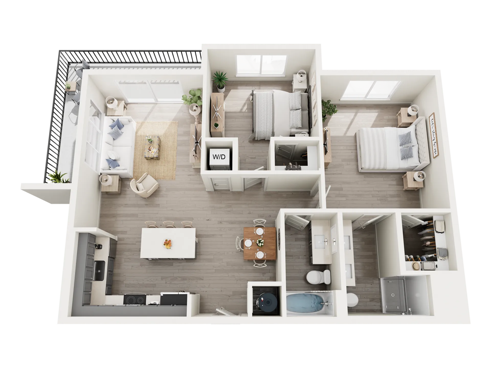 Elegant 3D floor plan showcasing a spacious two-bedroom apartment with open-concept living area, modern kitchen, and private balcony.