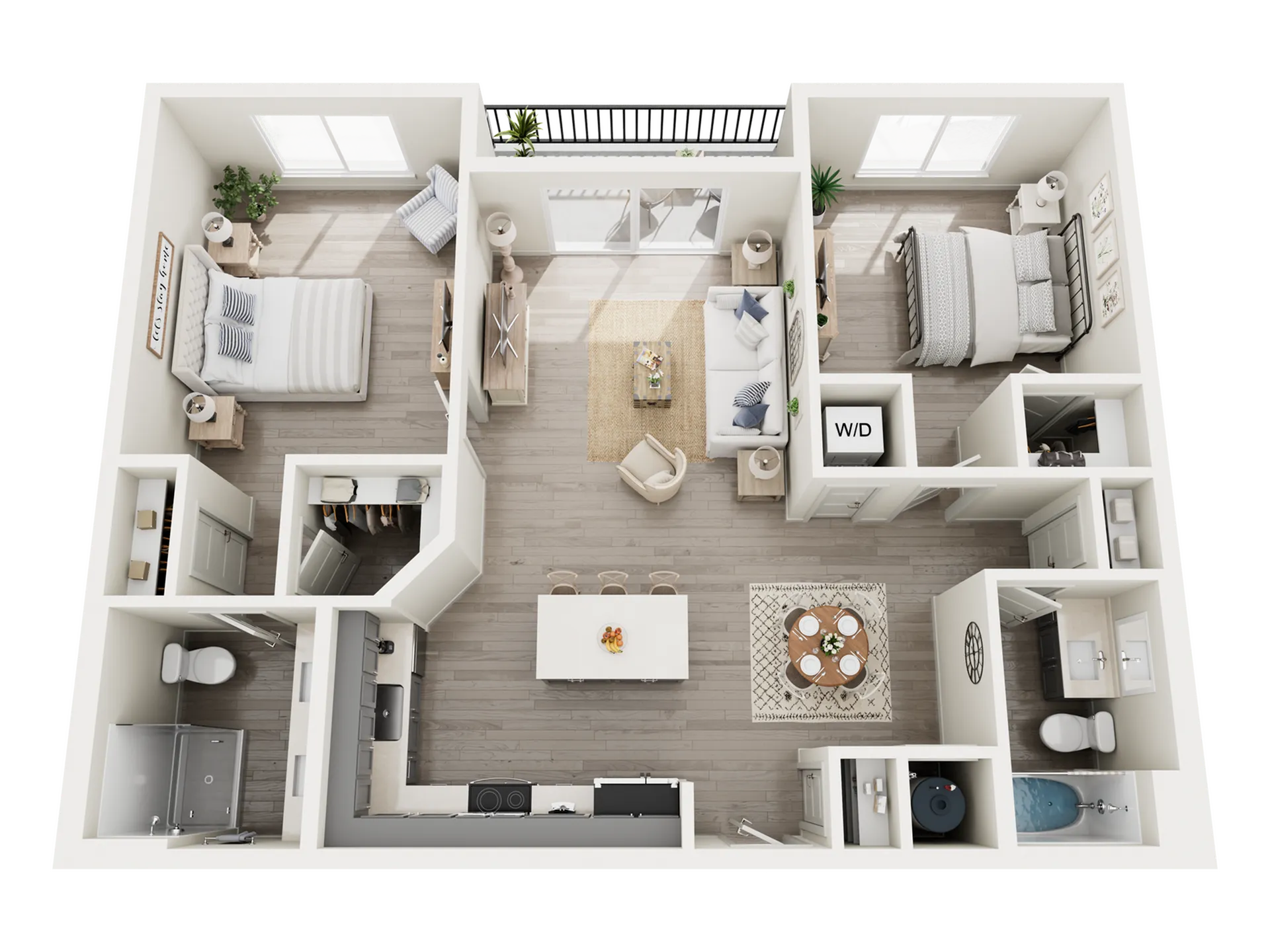 Elegant 3D floor plan showcasing 2 bedrooms, modern kitchen with island, open living area, and balcony access.