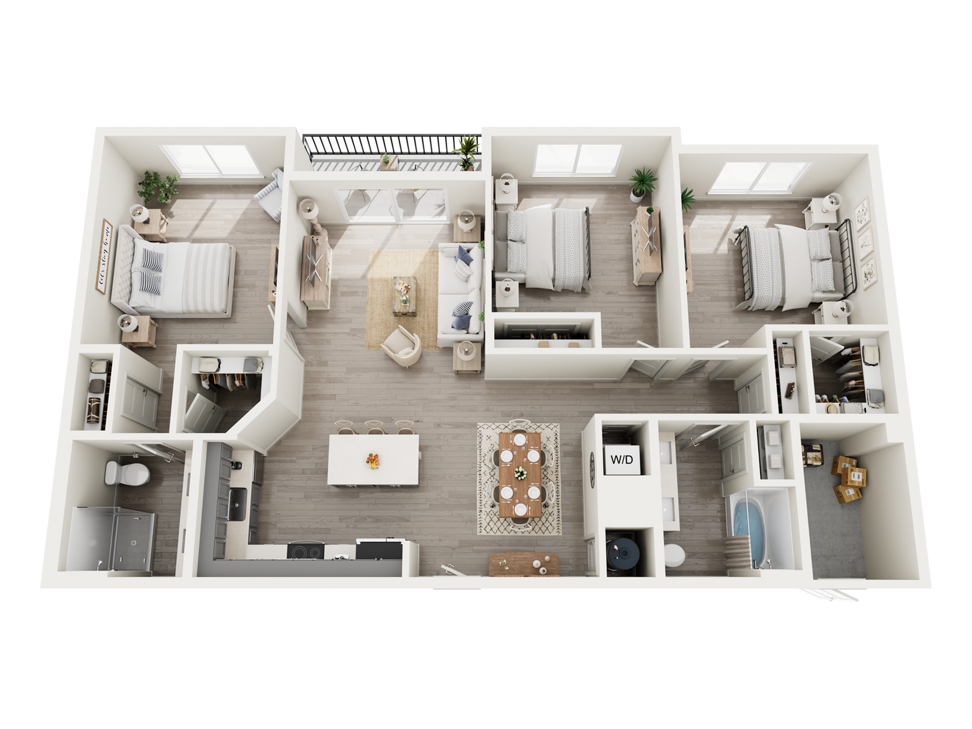 Elegant 3D floor plan showcasing 3 bedrooms, an inviting open living area, a modern kitchen, and sunny balcony access.